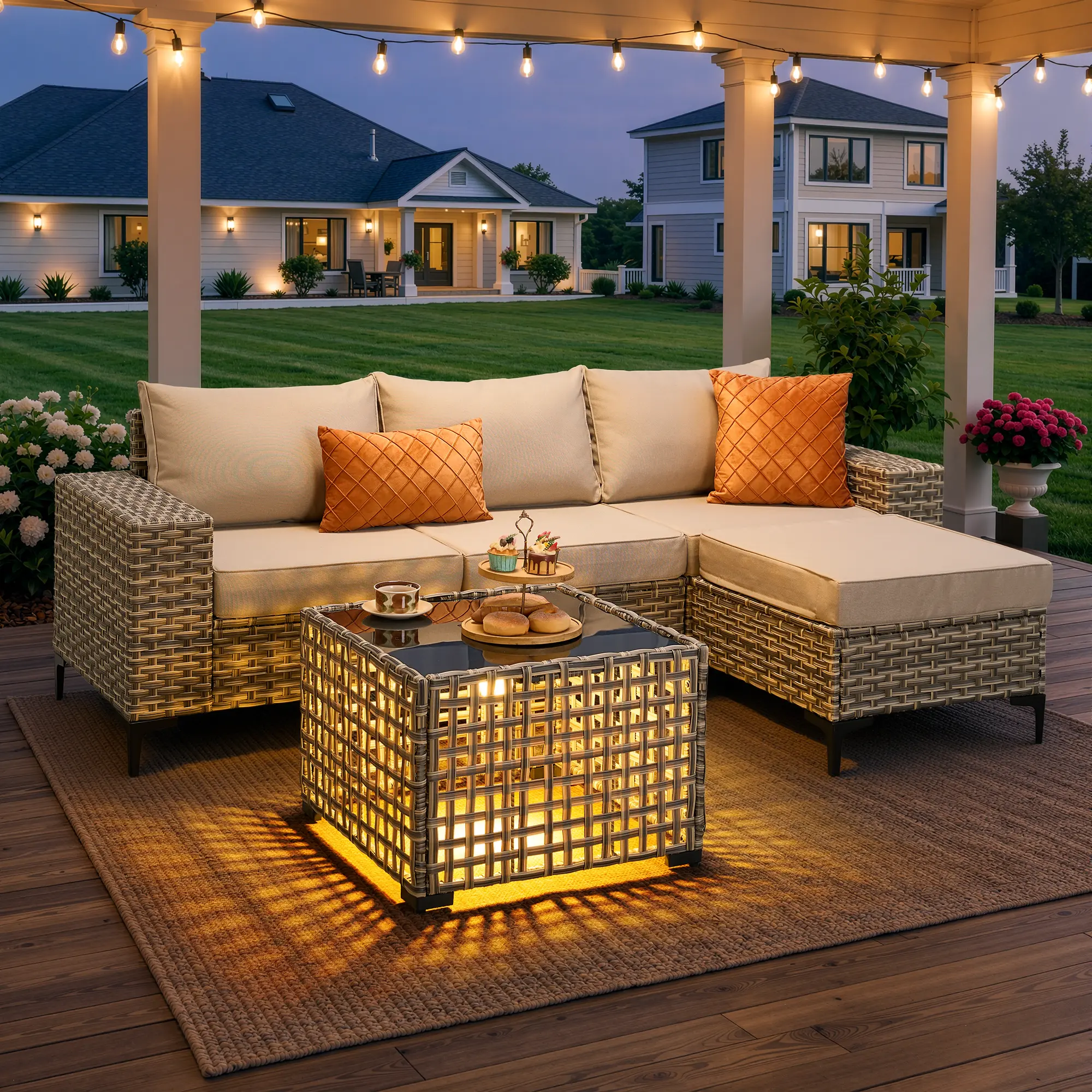 CAODOC 5 Piece Outdoor Patio Furniture Set,Silver PE Rattan Wicker Sectional Sofa, All Weather Conversation Set with Washable Cushions & Glass Coffee Table for Backyard Poolside Garden Porch