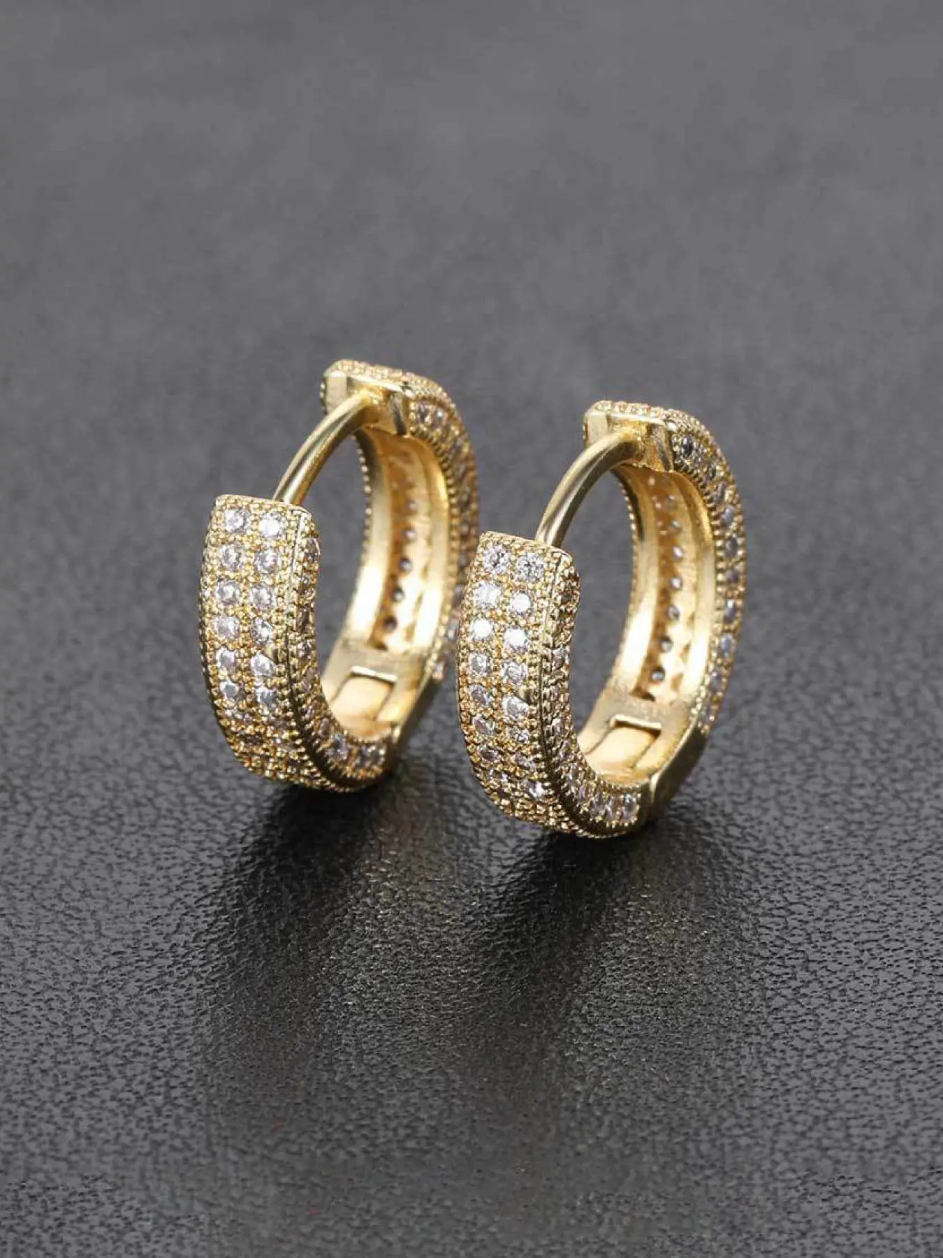 Men's Hip Hop Style Unisex Hoop Earrings, Luxurious Design with Mirrored Cz, Copper Plated Silver Color and Materials, Cubic Zirconia