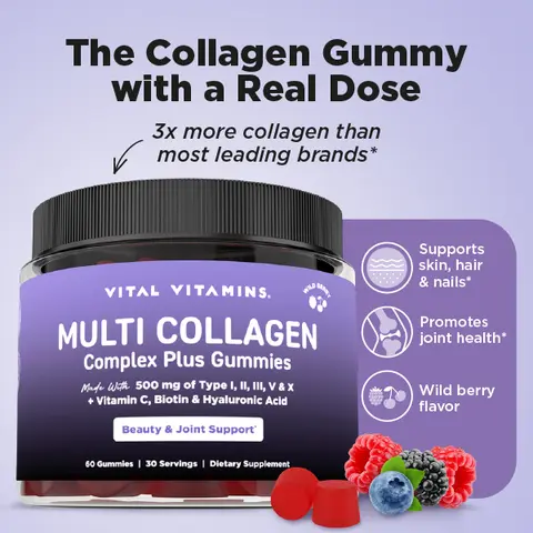Vital Vitamins Multi Collagen Complex Plus Gummies - 500mg Collagen Types I, II, III, V & X with Hyaluronic Acid, Biotin, Vitamin C & Vitamin D - Wild Berry, 60 Gummies