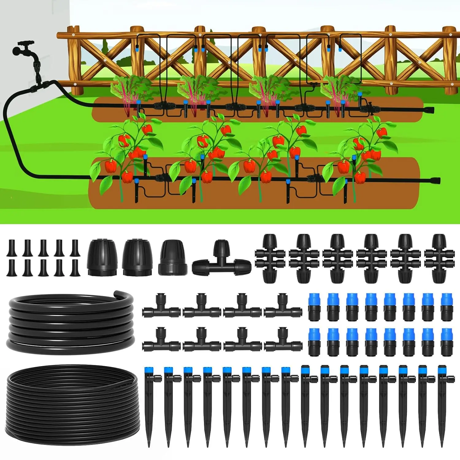 MIXC 197FT Plug-and-Play Automatic Drip Irrigation Kit, 1/4'' Tubing Garden Watering System with Quick Connectors, Drippers, Emitters, Adjustable Nozzles, Spray Nozzles for Lawn Raised Bed Irrigation Backyard