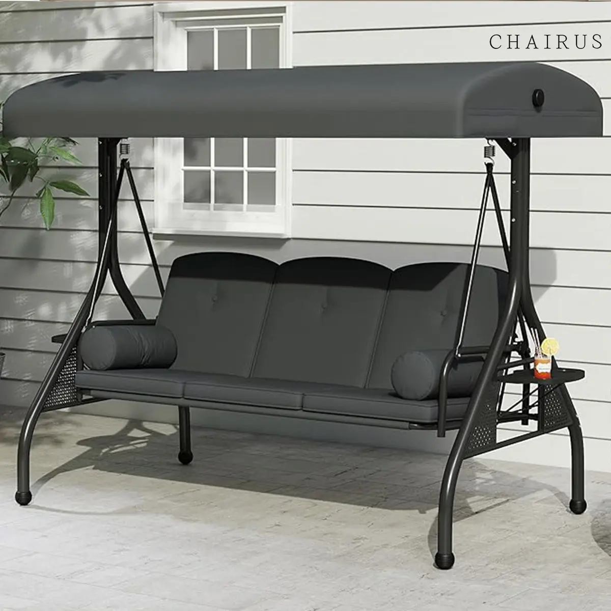 CHAIRUS  Waterproof Porch Swing with Stand, Meatl Outdoor Swings for Adults, All Weather Outdoor Patio Swings with Canopy, Yard Swing with Canopy, 2 in 1 Swing Bed with Cupholders and Pillows for Backyard summergarden