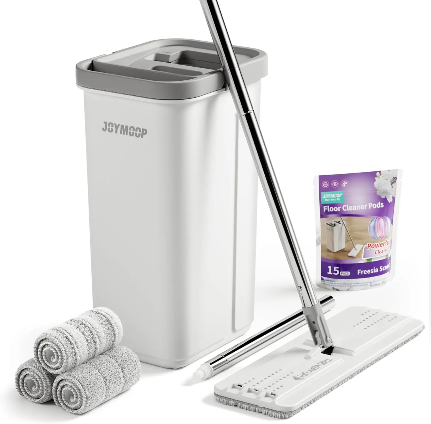JOYMOOP Home Cleaning Bundle, Flat Mop and Bucket + Wringer for Tidy Cleanup, 15 Freesia-Scent Quick-Dissolve Floor Cleaner Pods, 3 Reusable Polyester Pads for Easy Wet/Dry Mopping, Home Care Supplies