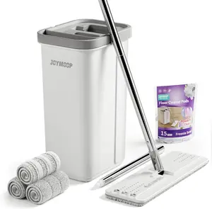JOYMOOP Mop and Bucket with Wringer Set and Floor Cleaner Pods, Flat Floor Mop with 3 Reusable Microfiber Pads, Wet and Dry Use, Freesia Scent Pack of 15 Pacs for Floor Cleaning