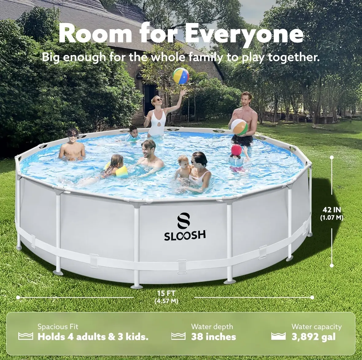 SLOOSH 15ft x 42in Round Frame Above-Ground Inflatable Swimming Pool for Home Improvement & Garden Use