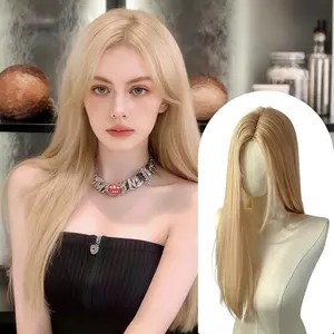 Lotfon  Women's adhesive free synthetic wig, with long straight gold hair, adjustable head circumference, comfortable fit, easy to wear, ready to wear and go, lightweight and breathable, suitable for daily wear