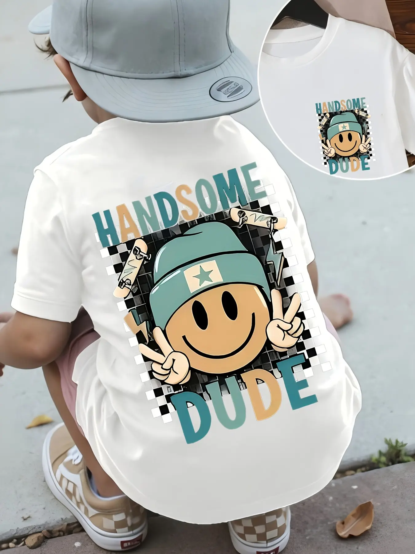 Boys' Cotton Short-Sleeve Fitted Funny Graphic Youth Tee Shirt - "HANDSOME DUDE" Slogan Letter Print, Smiley, Skateboard, Checkerboard Graphics, Medium-Length Casual Streetwear Top, Funny Graphic Tee