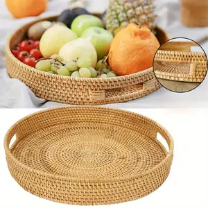 Round Rattan Tray, 1 Count Handmade Woven Basket with Lid, Fruit & Vegetable Basket, Kitchen Storage Basket, Home Organizer for Kitchen, Picnic Basket