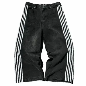 Mens Striped Wide Leg Y2K Streetwear Denim Pants