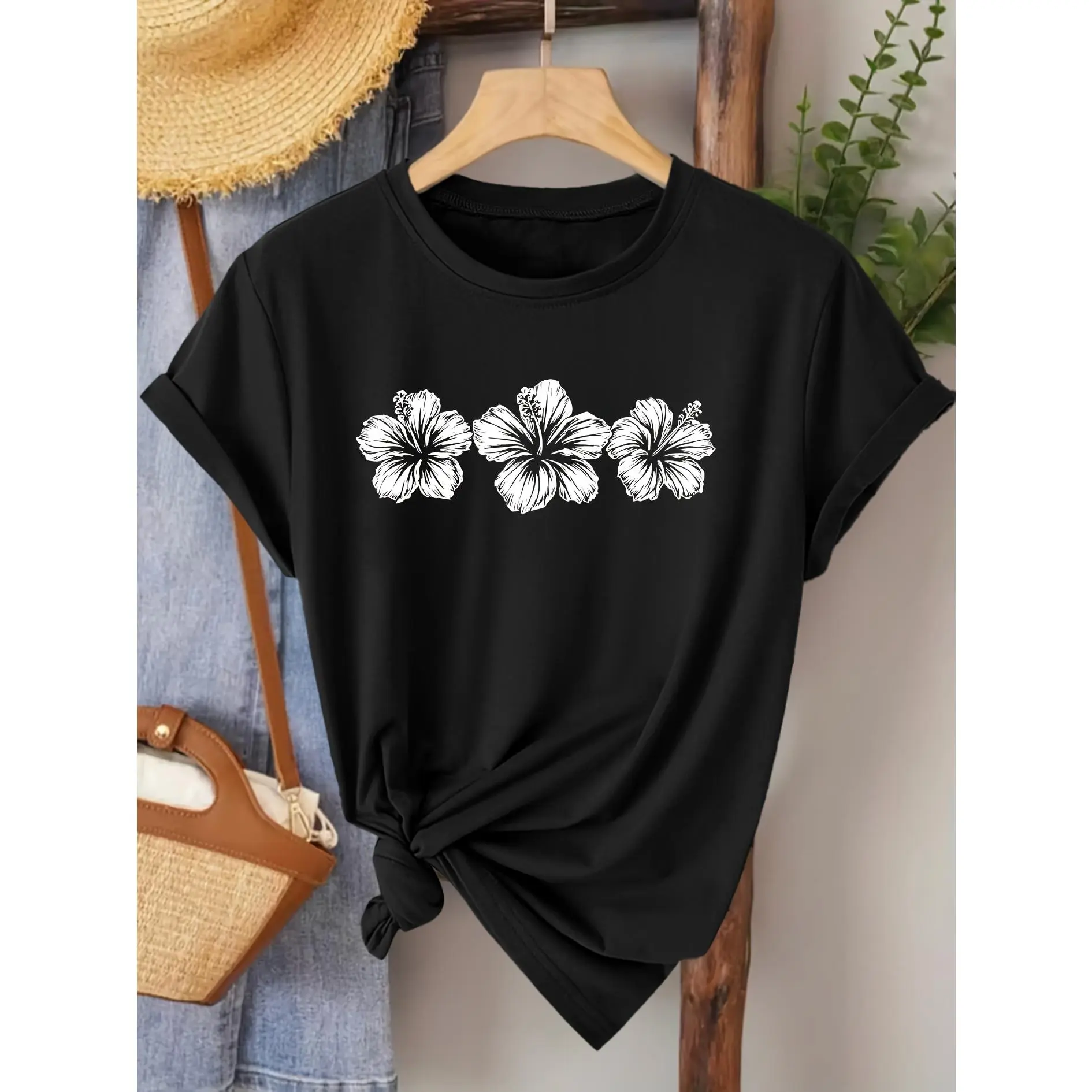 [Hibiscus Print T-Shirt] Elegant Women's Short Sleeve T-Shirt with Hibiscus Print |   Crew Neck, Medium Stretch Fabric, Suitable for Spring/Summer/Fall, Fashionable and Versatile for Daily Wear and Casual Outings