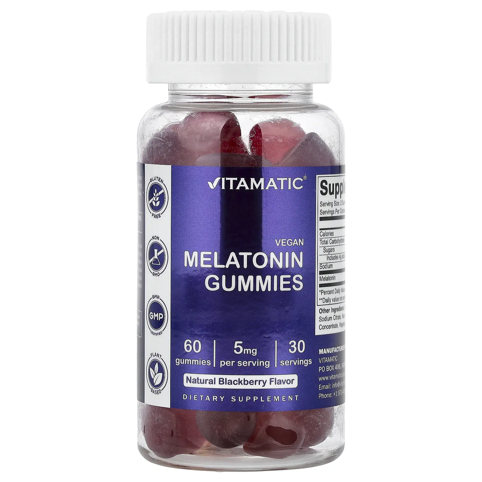 Vitamatic Vegan Melatonin Gummies, Natural Blackberry, 60 Gummies (2.5 mg per Gummies)