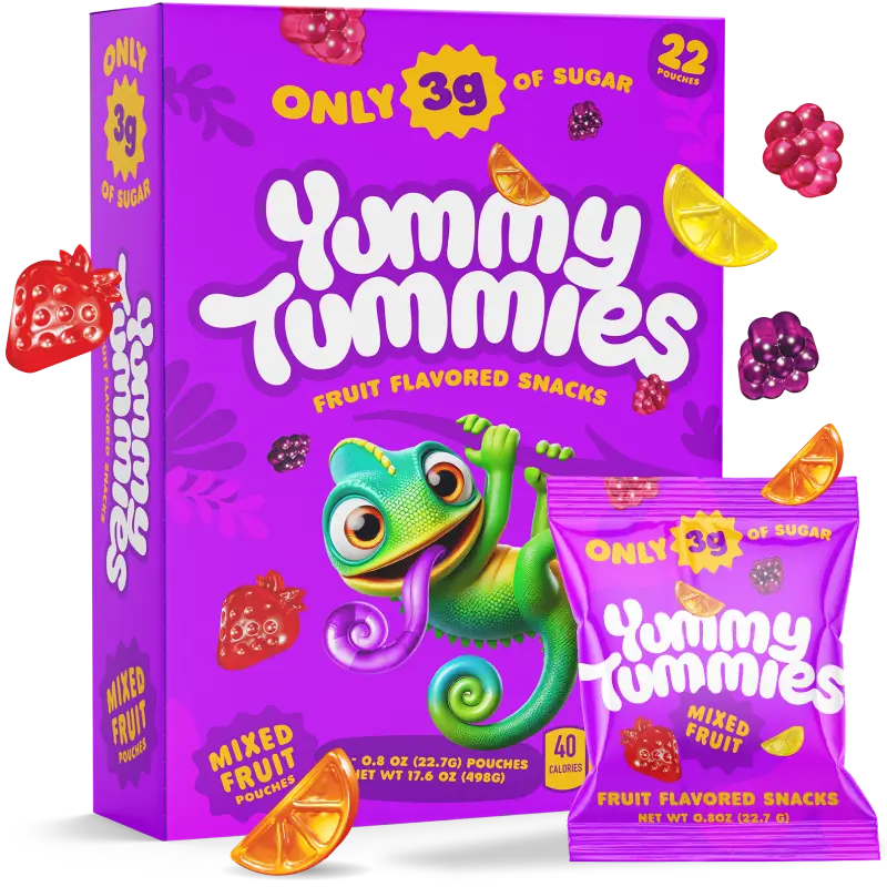 Yummy Tummies 22 Pack, 70% Less Sugar Fruit Snacks, Only 3g Sugar Per 0.8oz Pouch