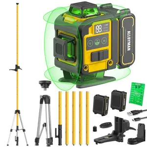 Alloyman 4x360°Self Leveling Laser Level, 12 Ft./3.7M Professional Laser Level Pole with Tripod, Green Line Lazer Leveler Tool with 2* Li-ion Batteries for Picture Hanging, Tile, Home Renovation, Gift for Christmas and New Year