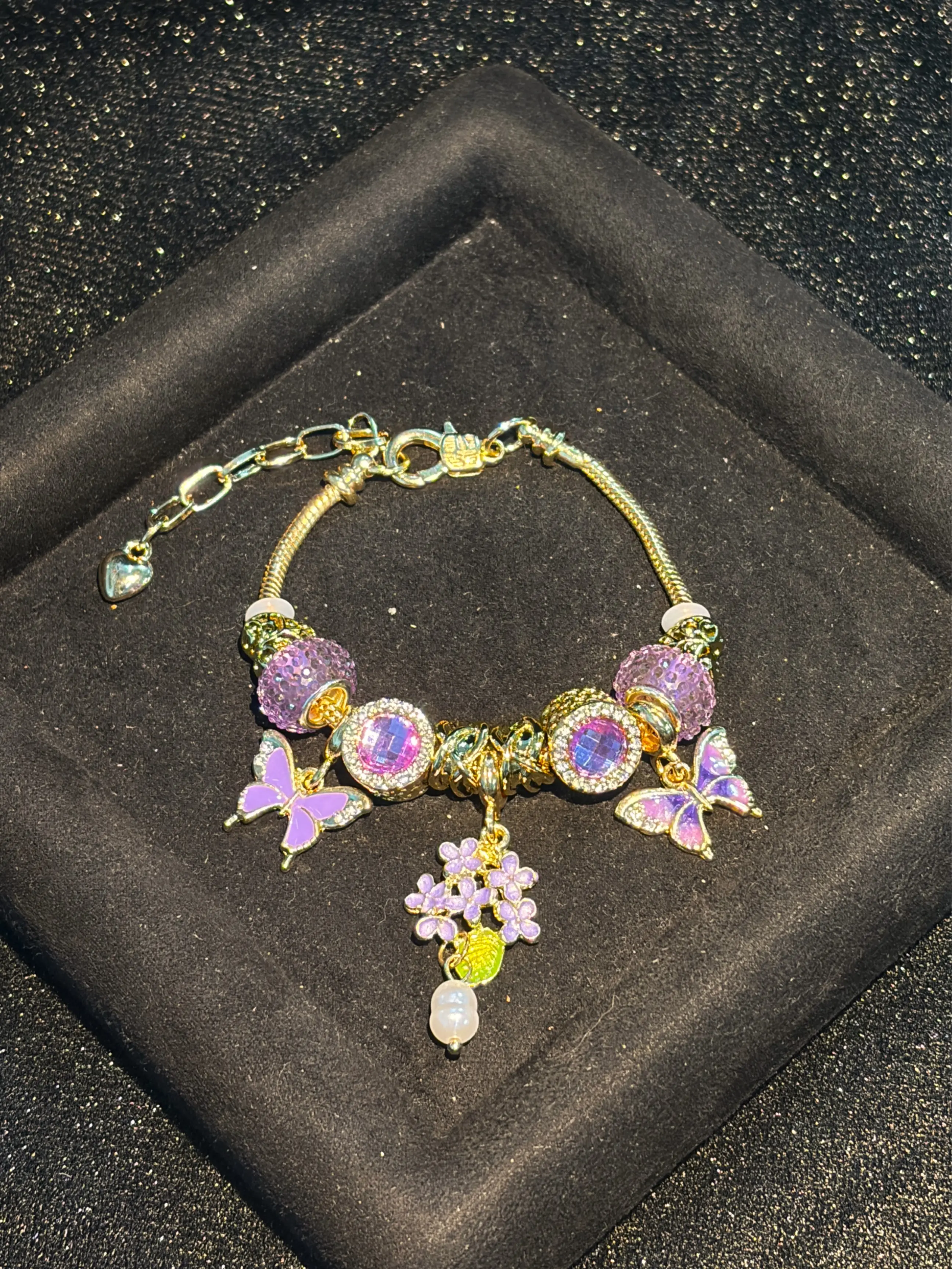 Women's Gold Tone Purple Butterfly Charm Bracelet, Rhinestone Beaded Bracelet with Flower & Pearl Pendant, Fairy Stackable Jewelry Gift for Women Girls