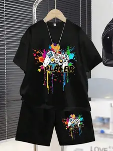 Boys Summer Gaming Style Two-Piece Set, Suit, Trendy T-Shirt & Shorts, Casual Loose-Fit, Daily Wear, Cartoon Pattern, Clothes Kids, Clothing Set, Children