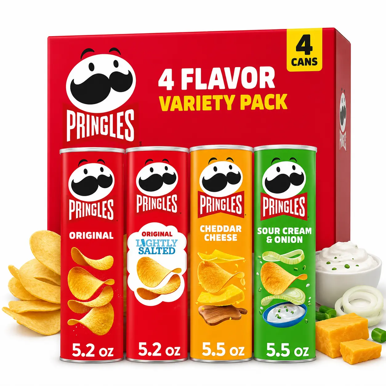 Pringles Variety Pack Potato Crisps Chips, Original, Lightly Salted, Cheddar Cheese & Sour Cream & Onion, 4 Can Pack (5.2 oz & 5.5 oz)