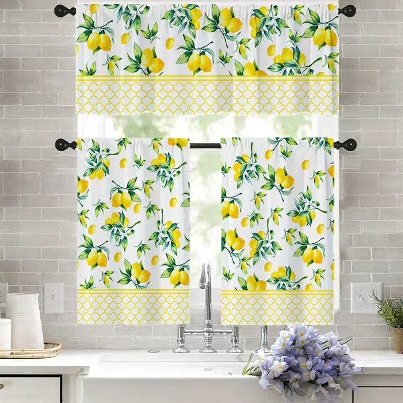1pc/2pcs Fresh lemon yellow print decorative small curtains Simple style polyester rod pocket print curtain valance set 52in*18in, 26in*36in Fruit theme four seasons kitchen curtains cafe living room office bedroom home decor curtains