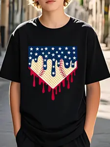 [Stylish Boys' Flag Tee] Micro-Stretch Fabric Boys & Teens Short-Sleeved T-Shirt |   National Flag Ice Cream Print, Machine Washable, Crew Neck, Stylish & Versatile for Everyday & Outdoor Use