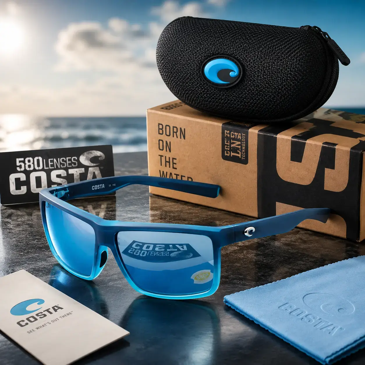 Full Box Costa Del Mar Rinconcito Costa 580G Men’s Polarized Sunglasses Black Frame Blue Mirror Lens UV400 Fishing Driving Outdoor Sport Glasses with Case Box