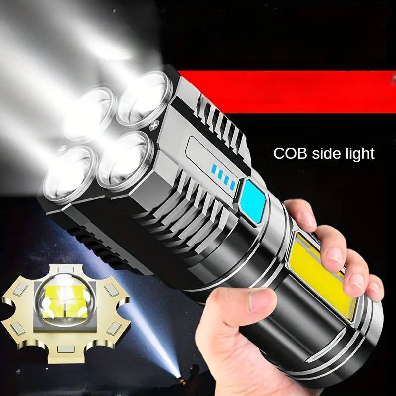 1pc/2pcs 4 LED Multifunctional Flashlight, COB Side Lamp, USB Charging Power Display Flashlight, Strong Light 4 Lights Flashlight