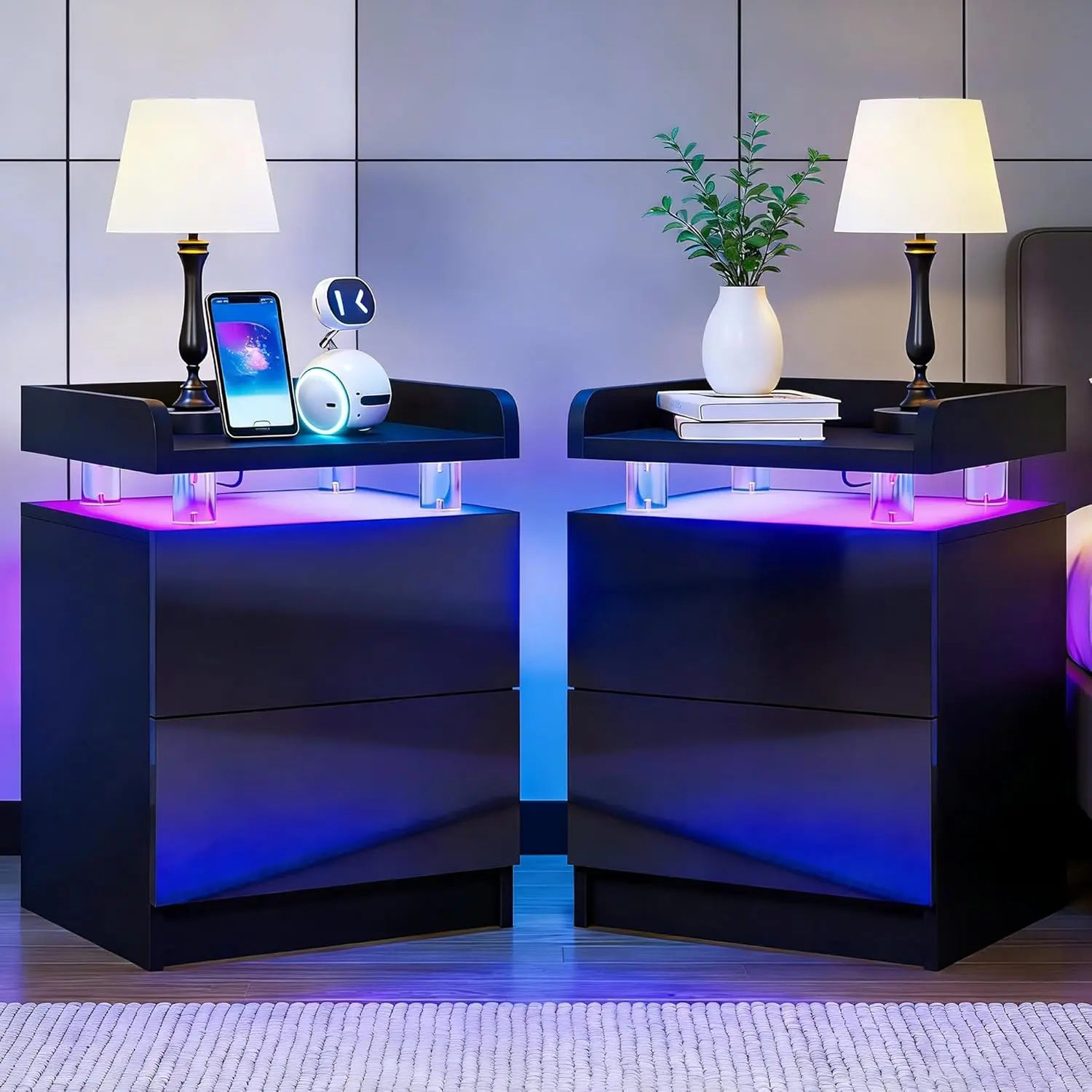 AOXUN Nightstand Set of 2 with LED Lights,  Bedside Table, 2 Storage Drawers, Compact Design for Bedroom, Modern Finish