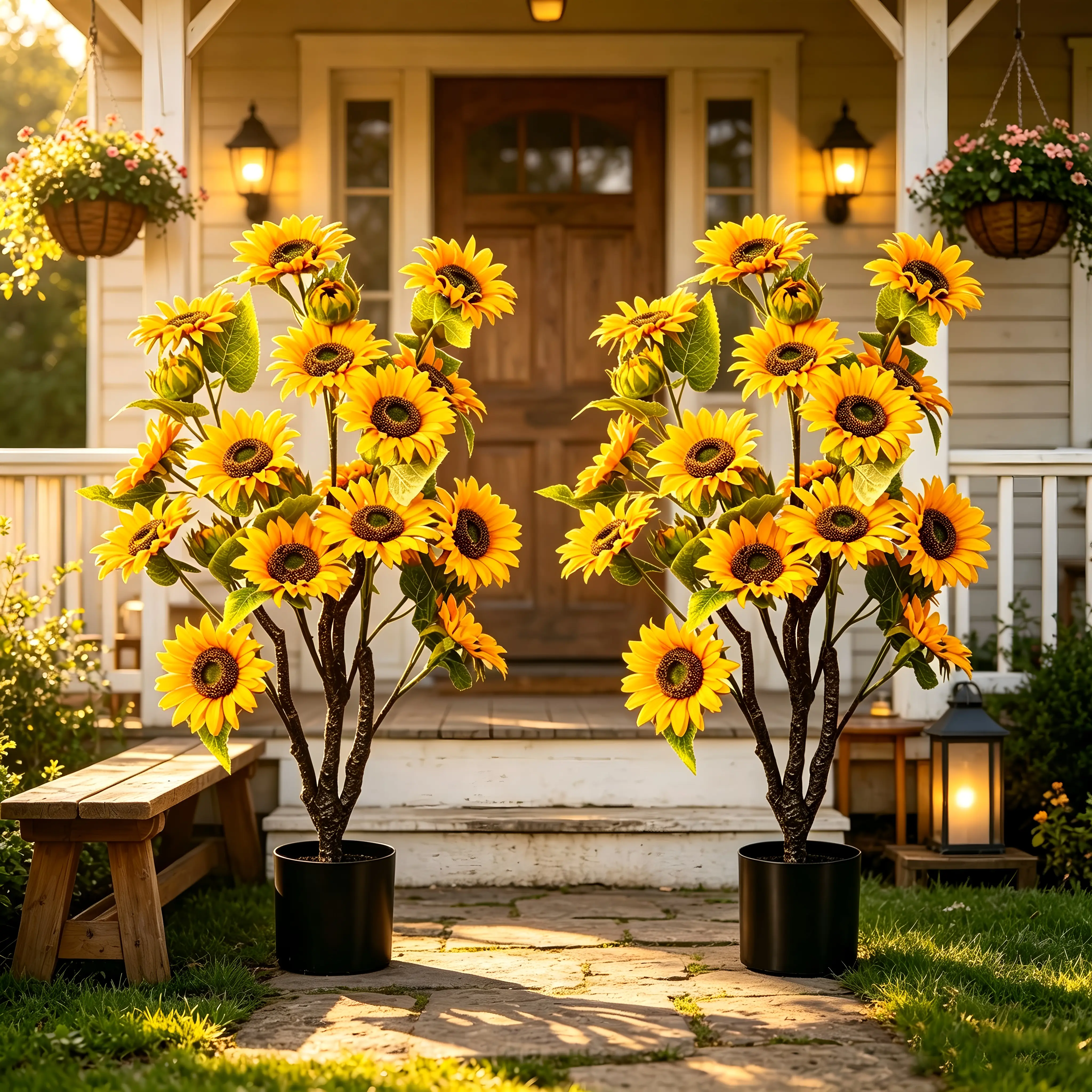 Pre-Potted Artificial Sunflower Floor Tree (3FT-4FT), UV-Resistant Lifelike Fake Plant, No-Water Low-Maintenance Decor for Indoors Outdoors Farmhouse, Everyday Decor with Rustic Chic Sunflower Blooms
