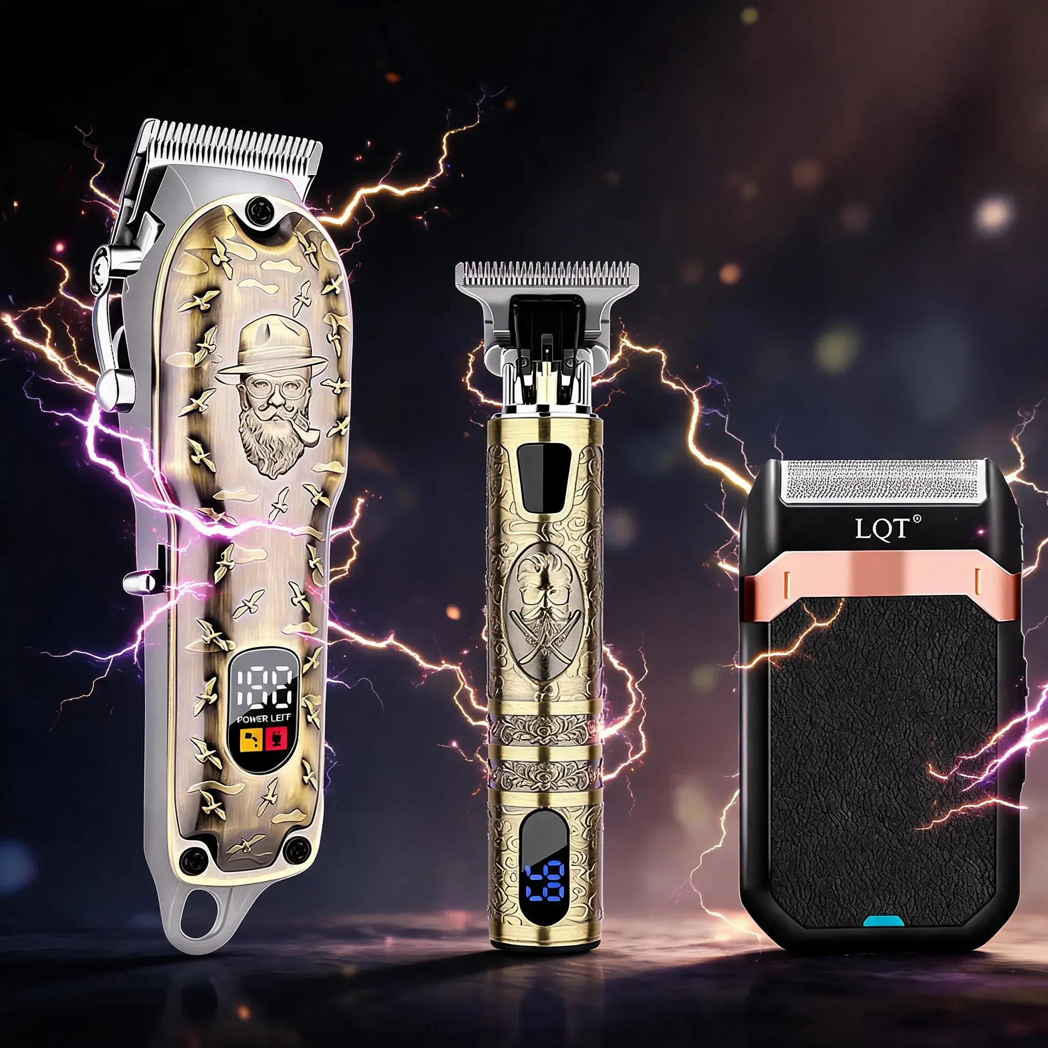 LQT professional men’s grooming set includes a cordless hair clipper, a men’s trimmer, an electric shaver, and USB charging with a digital power display. It’s perfect for home haircuts and for hairstylists at barbershops—an ideal gift for a boyfriend or f