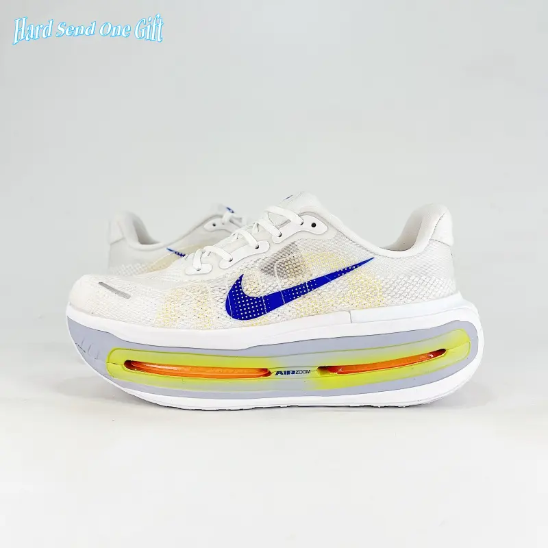 Air cushion platform running sneakers feature full-length transparent shock air midsole, crafted from sheer breathable woven knit mesh, creamy off-white knit upper with royal blue logo & yellow-orange gradient air cushion, ultra-light thick sole build