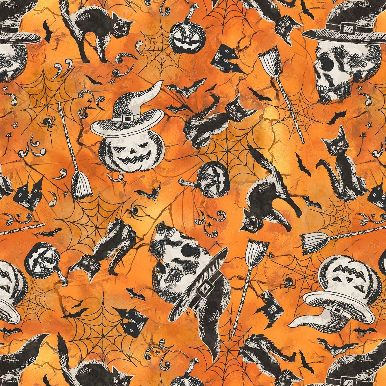Halloween Night Pumpkin Cat Bat Spiderweb Print Orange Cotton Fabric Windham Fabrics