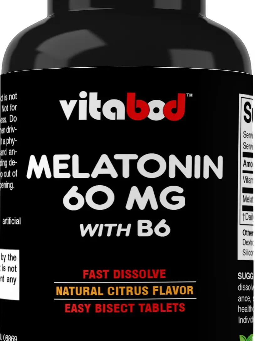 Vitabod Melatonin 60mg with Vitamin B6 Sleep Aid for Adults - 120 Fast Dissolve Tablets, Extra-Strength, Drug-Free, Natural Citrus Flavor, Vegetarian, Non-GMO, Gluten-Free, Yes, Fast-Acting, Natural Ingredients
