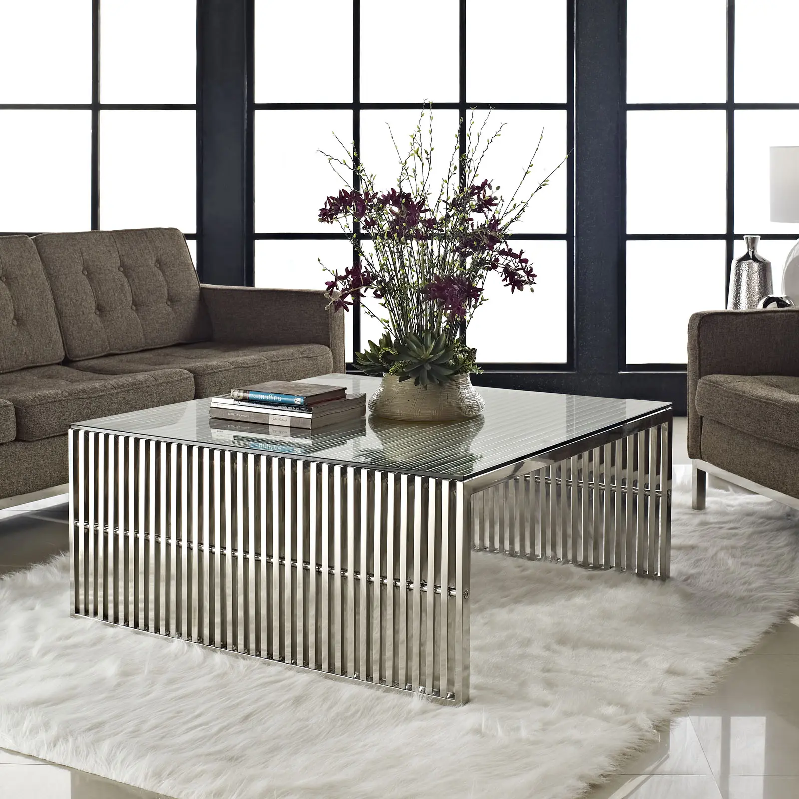 Modway Gridiron Modern Coffee Table - Silver 304 Stainless Steel Metal Surface, Glass Top, Straight Lines Design, Indoor Use Metal Surface Living Room Furniture, Stylish Accent for Lounge & Reception Rooms