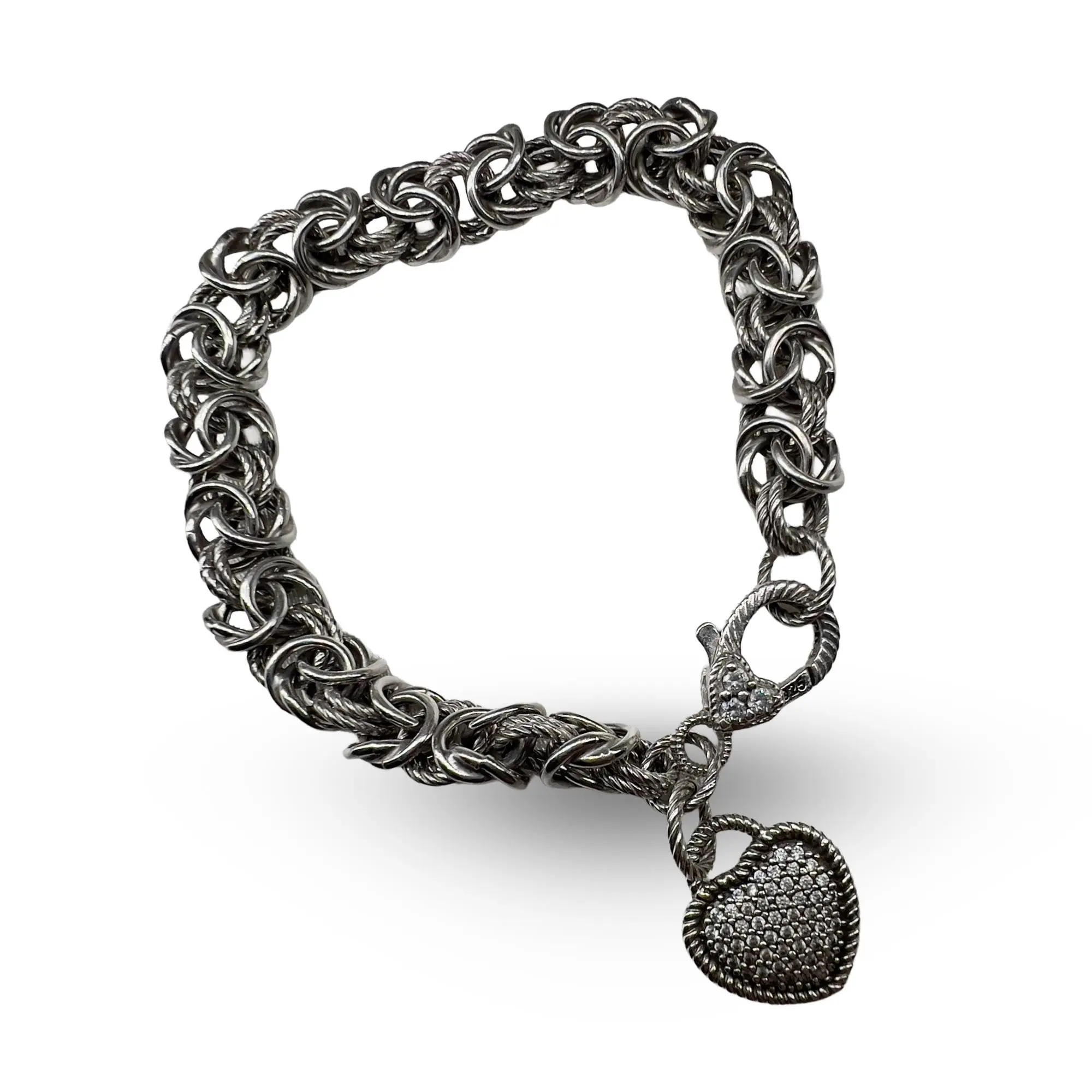 Judith Ripka sterling silver Byzantine heart charm bracelet – Verona Collection textured 925 designer jewelry with pave CZ