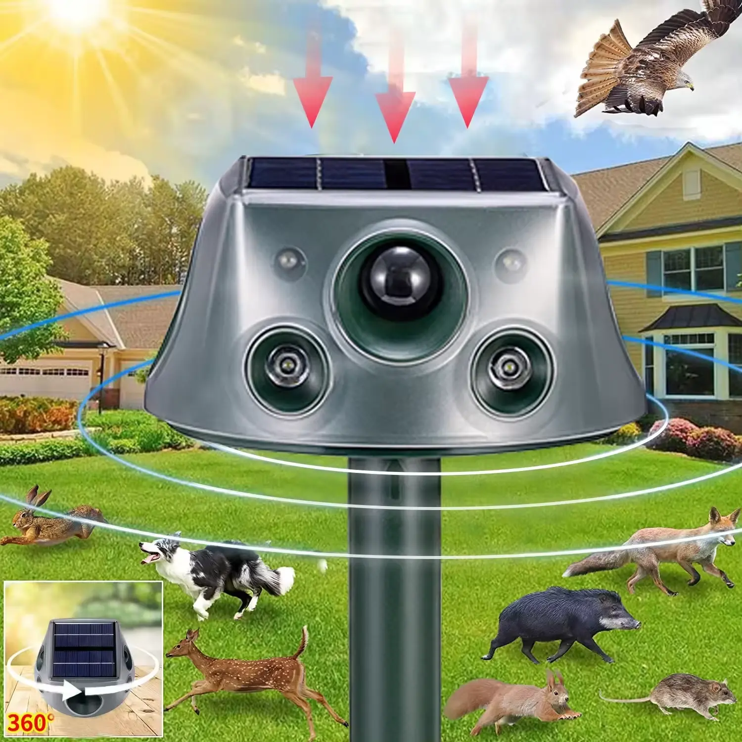 Solar Powered Ultrasonic Animal Repeller with Solar Panel - Outdoor PIR Motion Sensor Cat & Pest Deterrent, IP66 Waterproof Outdoor Guard, Repels Snakes, Bats, Foxes, Raccoons, Dogs, Skunks, Rabbits, Squirrels & Rodents for Garden, Farm, Batteries, Low Ma