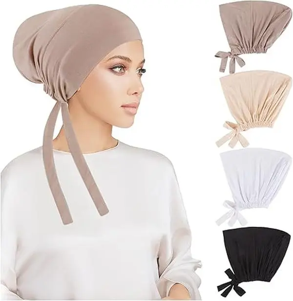 4 Pcs Women Hijab Undercap, Islamic Muslim Under Hijab Cap Inner Under Scarf Hat Turban with Tie Back Clo