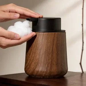 Walnut Wood Color Foam Hand Soap Dispenser Bottle, Elegant Design Bathroom Accessory, Bathroom Essential, Perfect for Home & Hotel Use