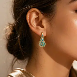 Women's Vintage Bohemian Turquoise-Inlay Gold Teardrop Drop Earrings, Lightweight Elegant Costume Jewelry for Daily Wear & Gifting