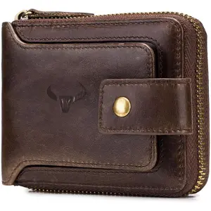RFID Men Leather Zipper Wallet Zip Around Wallet Bifold Multi Card Holder Purse (Brown)