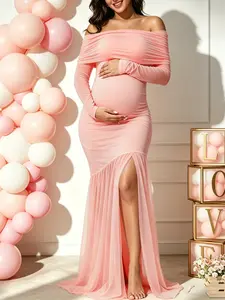 Fashionable Elegant Pregnancy One-Shoulder Dress, Solid Color Mesh Patchwork, Split Hem Gown, Ideal for Baby Shower and Photo Shoots