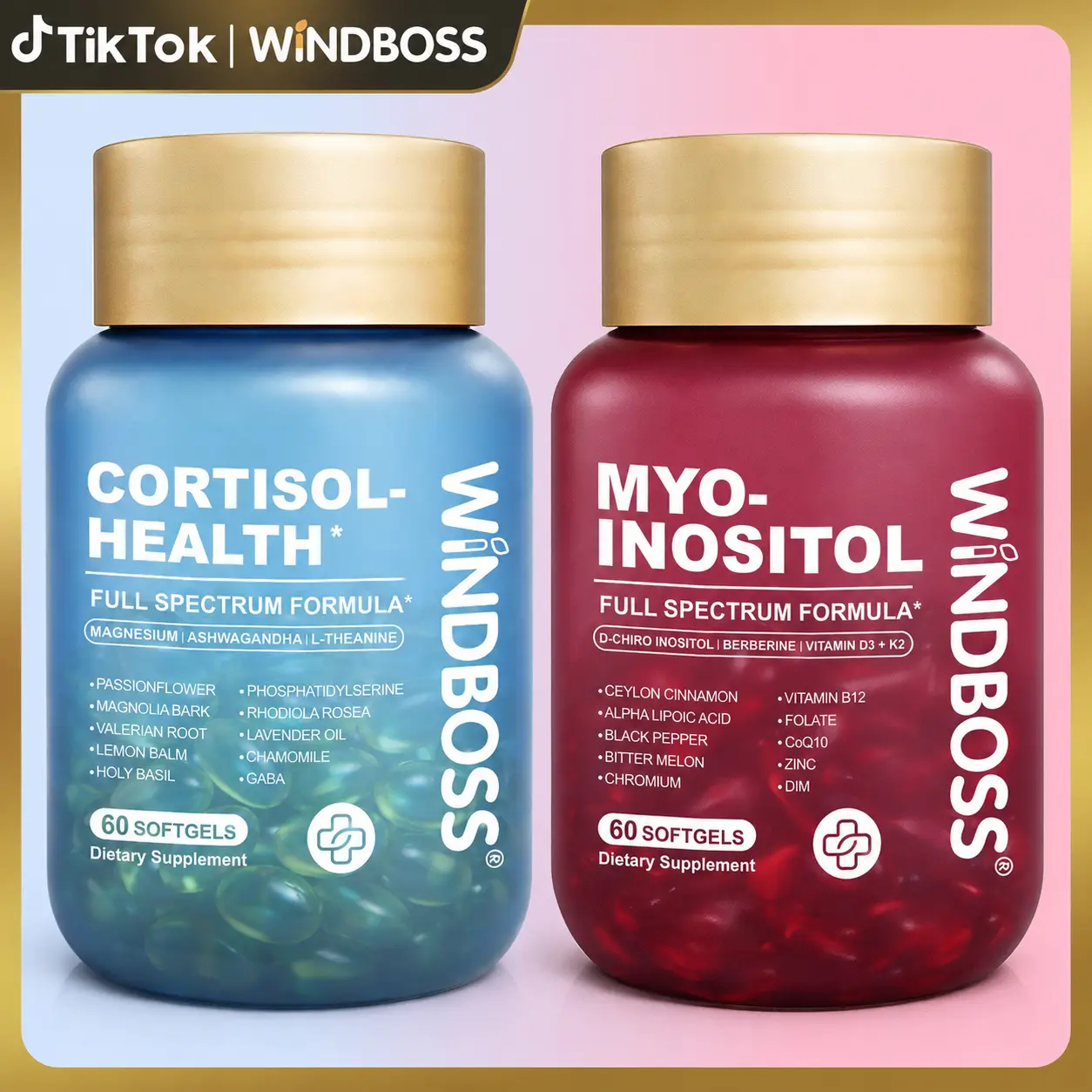 WindBoss Cortisol Support + Myo-Inositol with Vitamins D3 & K2, Magnesium, KSM-66 Ashwagandha and L-Theanine, for Hormonal Balance and Healthy Metabolism, 2-Bottle Set