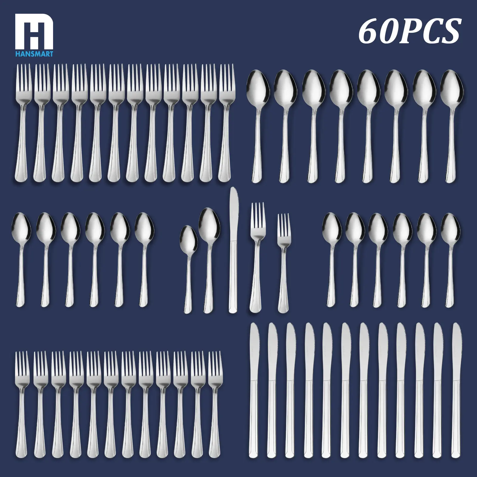 60-Piece Dominion Stainless Steel Combo Utensil Tableware Set - Modern Cutlery with Knives, Forks, Spoons, Dishwasher Safe, Everyday Use, 60pcs for Groups, Housewarming Gift, Boxed for Gifting, Ideal for Home Kitchen, Commercial Business