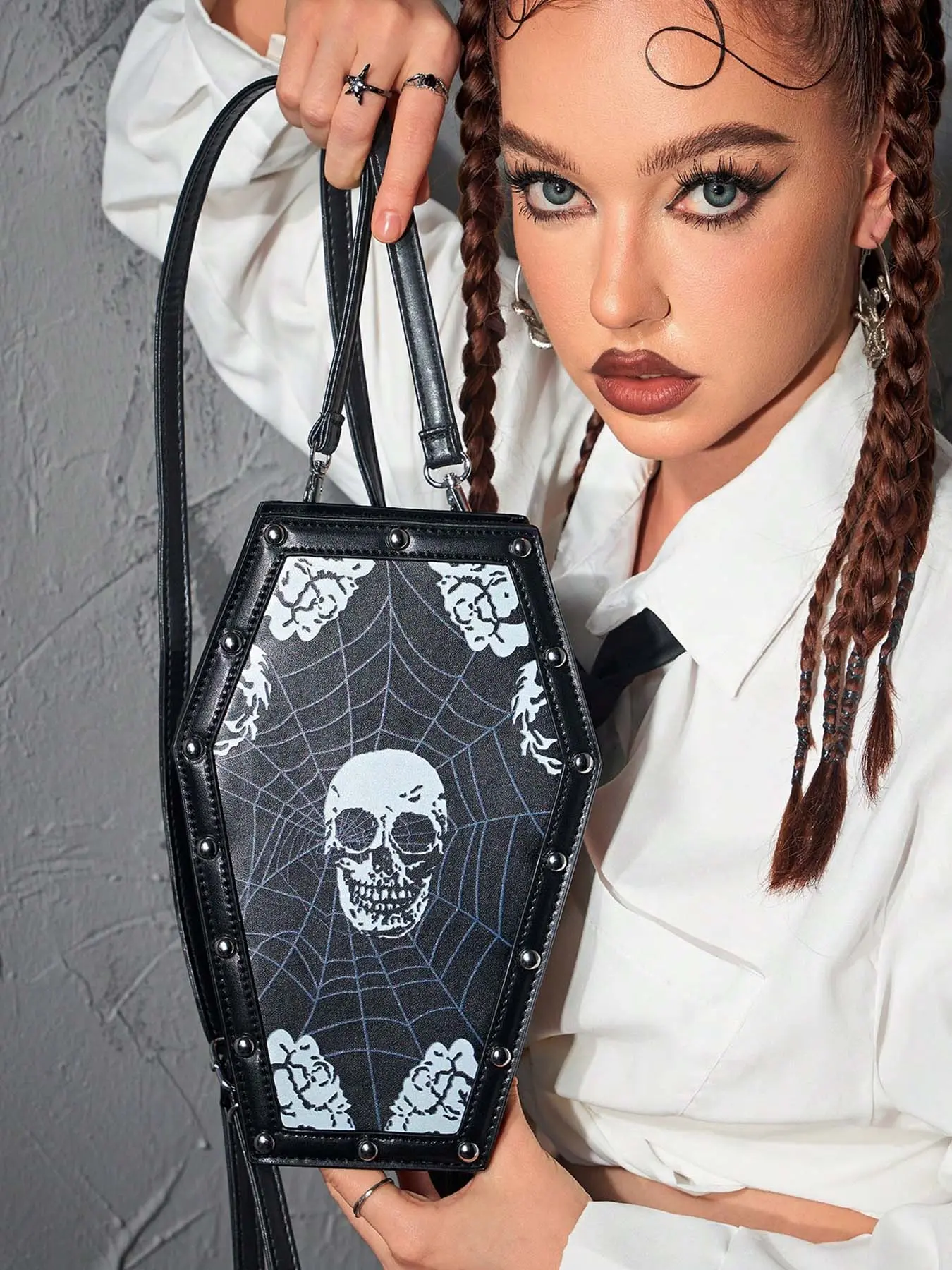 Halloween dark Gothic style coffin bag, spider web rose rivet design, adjustable shoulder strap crossbody bag, zipper closure backpack, suitable for daily, events, parties, Fashionable Unique Bags