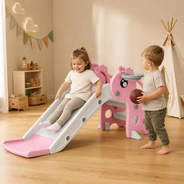 3-in-1 Toddler Slide for Ages 1-3, Indoor Outdoor Kids Climber Playset | with Basketball Hoop, Freestanding Baby Slide with Non-Slip Steps, Pink Deer-Shaped Playground