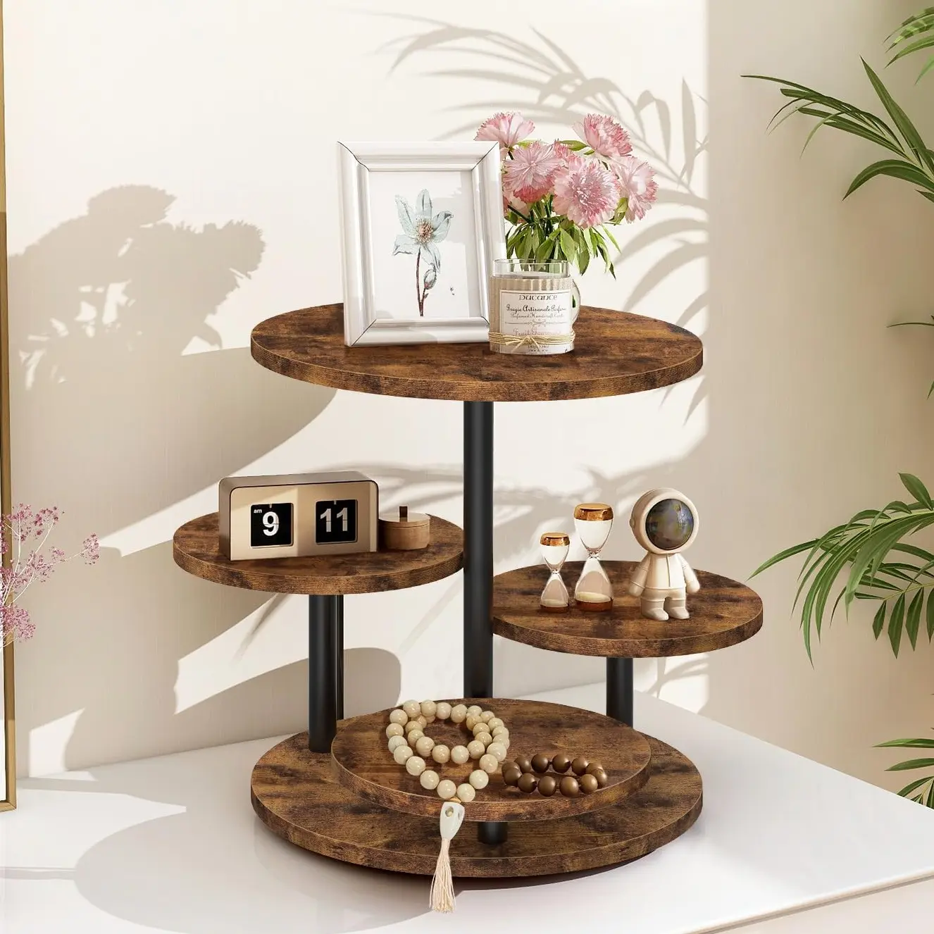4 Tier Round Cupcake Tower , 360° Rotating Wood Cake Stand with Tiered Trays, Farmhouse Cookie Stand for Dessert Table Display for Wedding Birthday Baby Shower Tea Party