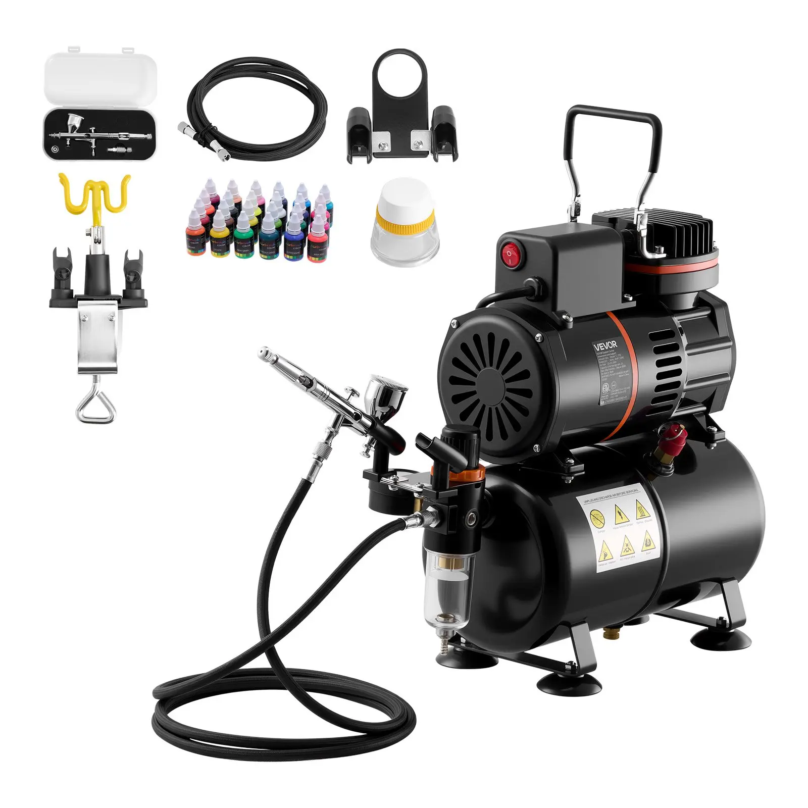 VEVOR Professional Airbrush Kit with 1/6 HP Air Compressor, Tank, 1 Dual-Action Spray Gun, 1 Tip, Hose, Acrylic Paint, 2 Fans for Cake Decorating, Painting, Nail Art