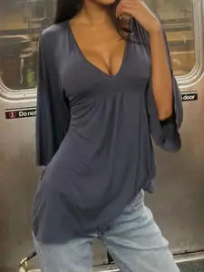 Elegant Slim-Fit V-Neck A-Line Knit Blouse for Women, Retro Style Casual Top Shirts with Flared Sleeves, Perfect for Spring & Fall Seasons Womenswear