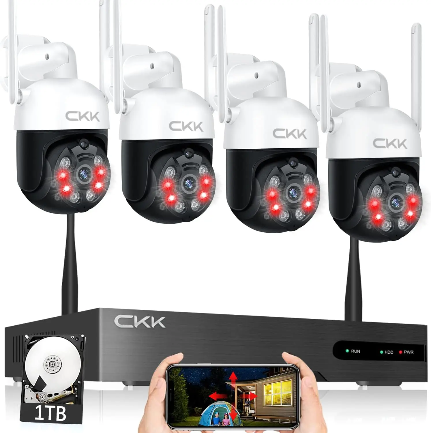 10CH Wireless Security Camera System with  4pcs PTZ Cameras , 3K WiFi Surveillance NVR System with Floodlights & Siren Alarm, 2 Way Audio, 1TB Hard Drive