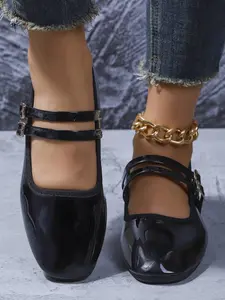 2026 New Women's Double Buckle Mary Jane Shoes, Square Toe Leather Soft Sole Ballet Flat, Casual for Work, Date, Daily Wear, College Style