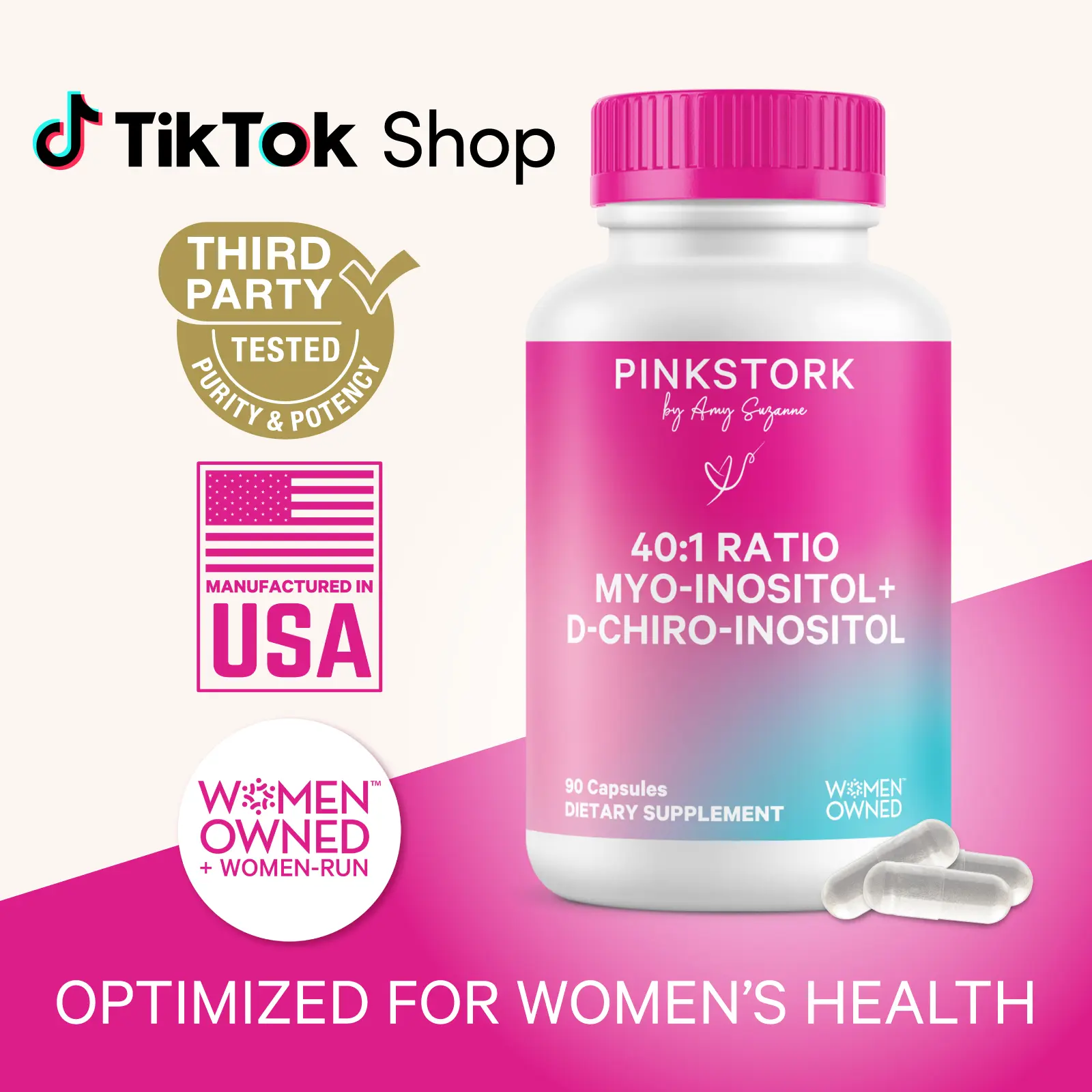 Pink Stork 40:1 Myo-Inositol + D-Chiro Inositol | 1 Month Supply | Inositol for Women | Women-Owned, Vegan, Gluten-Free | Natural Support