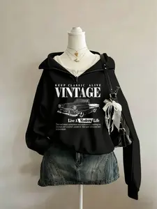 Y2K Vintage Car Print Half-Zip Hoodie, Loose Oversized Retro Top, 90s Trendy Casual Sweatshirt, Classic Street Style, Soft Breathable Fabric, Womenswear