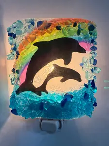 Rainbow Mom & Baby Dolphin Recycled Glass Nightlight Handmade from Bombay Sapphire & SKYY Vodka Bottles Eco-Friendly Ocean Glow for Nurseries