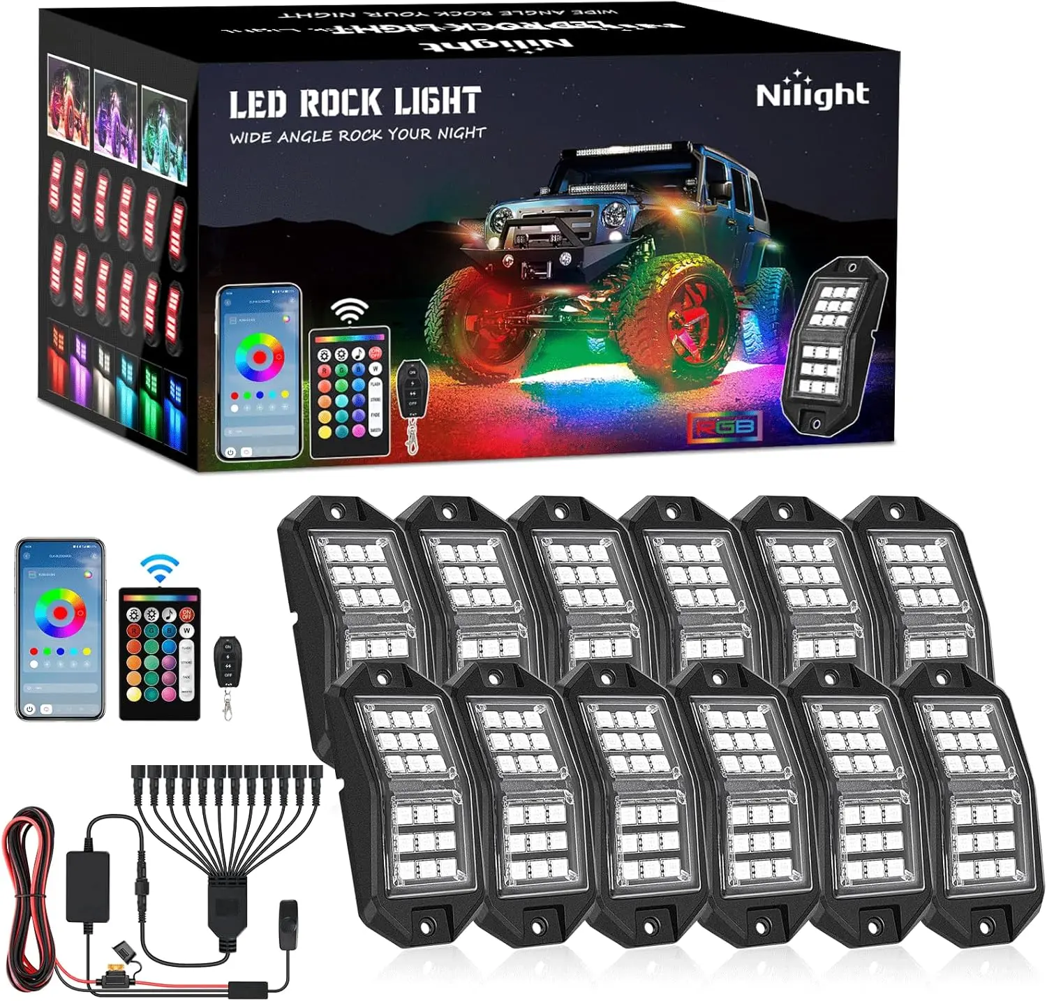 Nilight RGB LED Rock Lights Kit - 12 PCS 18LED Wide Angle Beam Wheel Well Underglow Neon Pod with Remote & Bluetooth App Dual Control, Strobe Light Module, Multi Modes Ambient Color for Offroad Vehicles, Colorful Ambient Light